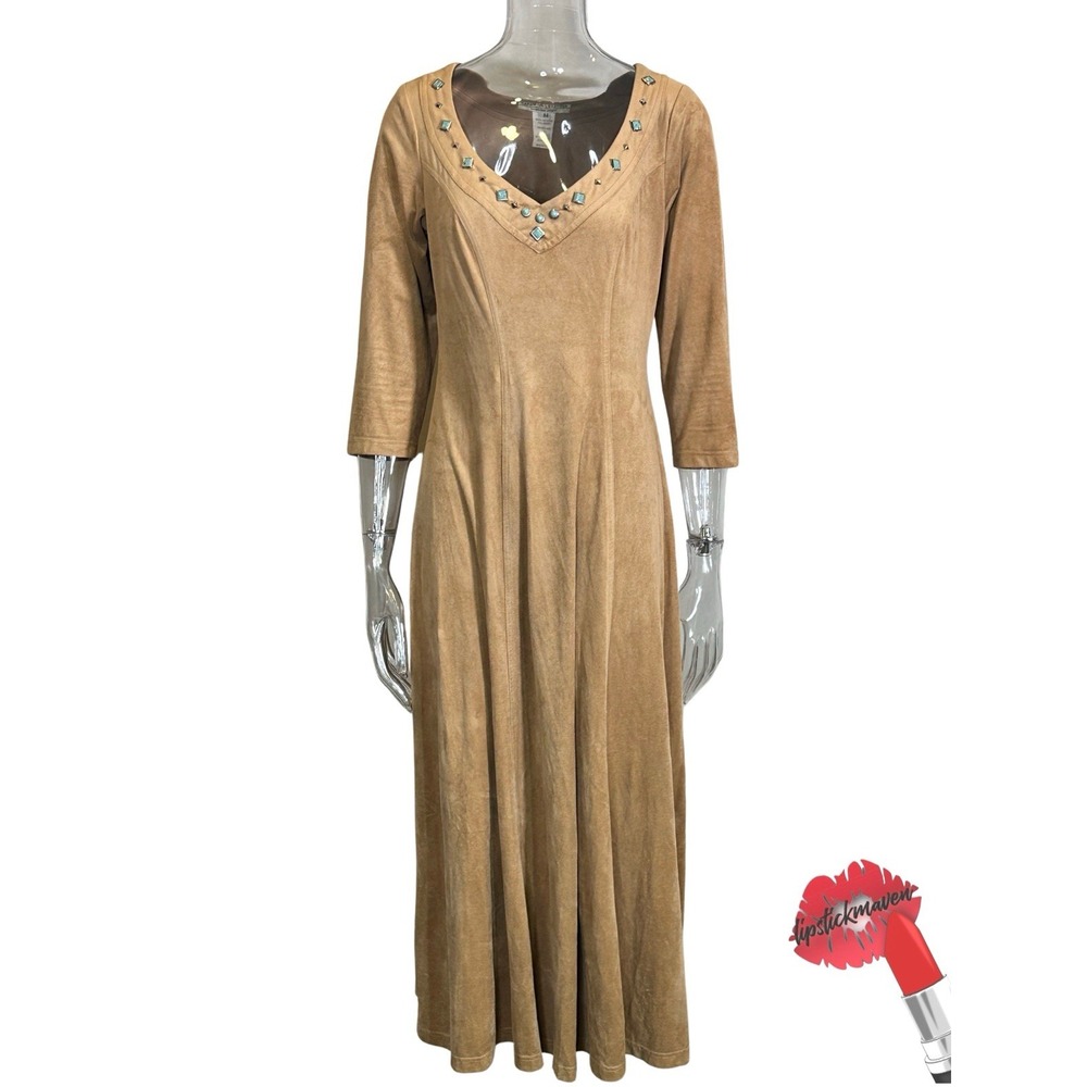 Karen Alexander Dress Women Medium‎ Tan Faux Turquoise Beaded Western Maxi